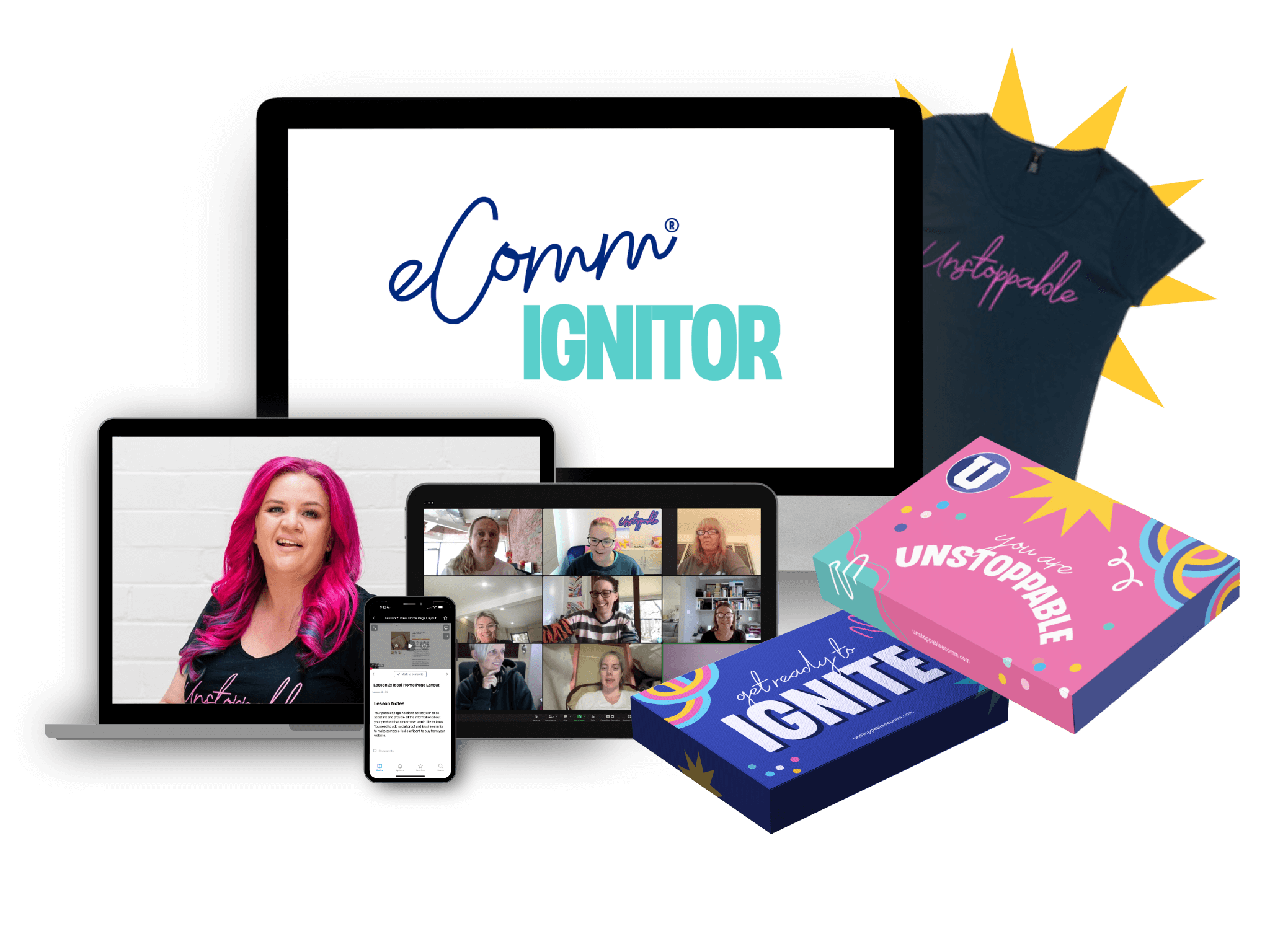 ecommerce marketing course inclusions Ignitor workbooks, training, calculators, checklist and Unstoppable Tshirt
